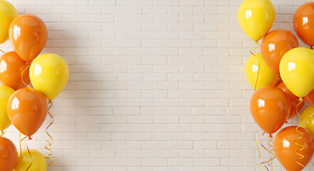 Orange and Yellow Balloons with Ribbons on White Brick Wall Background