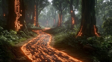 A pathway of glowing orange circuits winds through a lush, fog-shrouded forest. Trees and ground glow with intricate patterns