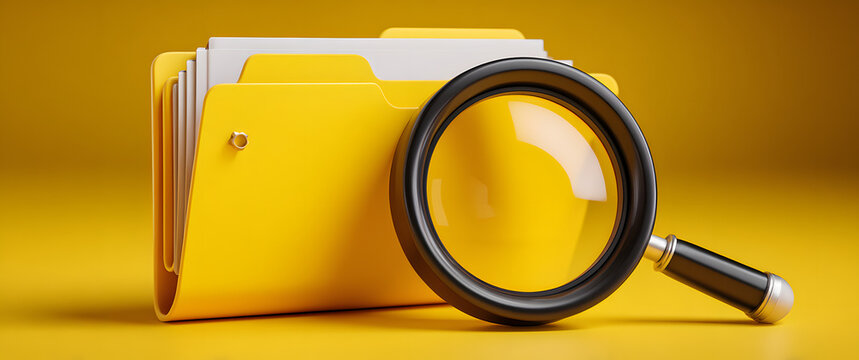 Yellow folder file with manifying glass cartoon styl, data security concept, 3 rendering illustration