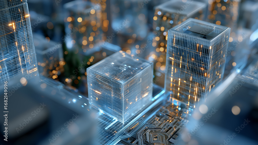 Poster digital blueprint: an artistic representation of a futuristic cityscape constructed from transparent