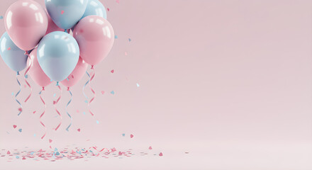 Pastel pink and blue balloons with confetti on a soft background