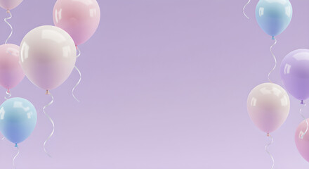 Soft Pastel Balloons with Ribbons on Lavender Background for Celebration and Party Designs