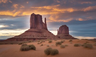 Sunrise over desert rock formations, dramatic sky, sandstone buttes, arid landscape, southwestern USA, nature photography, travel photography