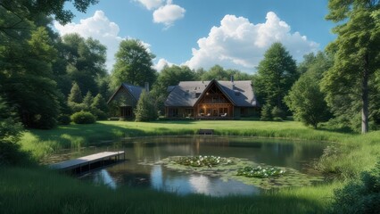 Fototapeta premium Picturesque log cabin by a pond