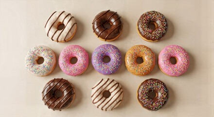 Donuts coloridos e decorados com cobertura doce vistos de cima