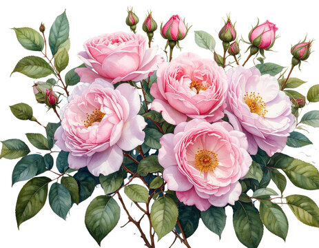 Vintage Watercolor Centifolia Rose Cluster, isolated on transparent background PNG