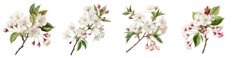 Fototapeta premium Cherry Blossom Branch Watercolor Collection on White Background