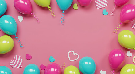 Vibrant Balloons and Hearts Border on Pink Background with Copy Space