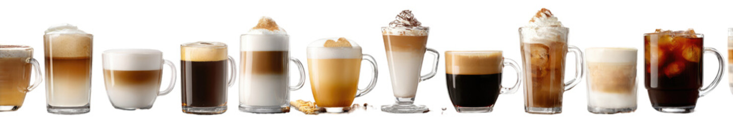 Variety of coffee drinks in clear cups (1)