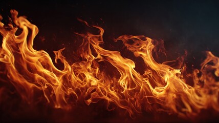 dramatic close-up of slow motion flames dancing in dark space, realistic fire texture, detailed flame trails, warm glow, seamless loop