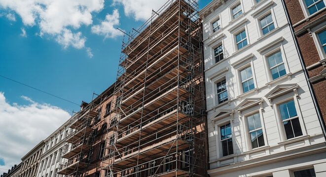 Tall building under construction with scaffolding and blue sky background