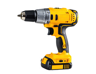 Yellow cordless drill, angled view