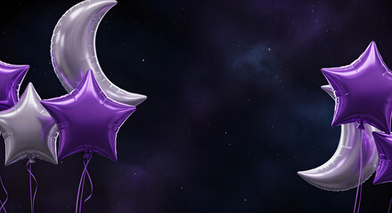 Festive Purple and Silver Star and Moon Foil Balloons in Night Sky