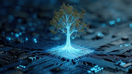 digital tree sprouting from motherboard pattern, electric blue light, growing network effect, futuristic eco-tech concept, ultra-realistic CGI