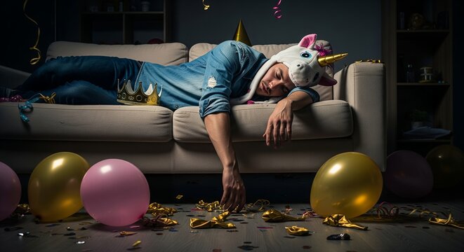 Tired Partygoer Asleep on Couch After Celebration, Festive Decor