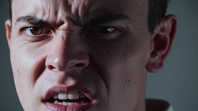 Close-up video frame of a person's scrunched face, capturing intense emotion. The angle highlights facial details and texture dramatically.