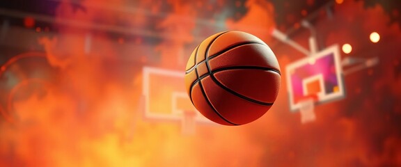 Dynamic basketball soaring through air, vibrant background,  color,   sports art