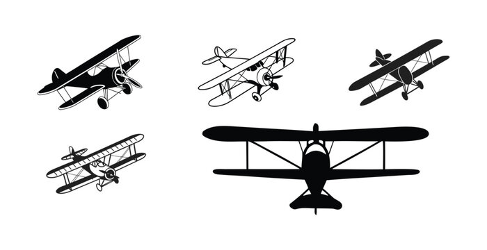 Collection of Classic Biplane Illustrations in Various Styles and Angles.