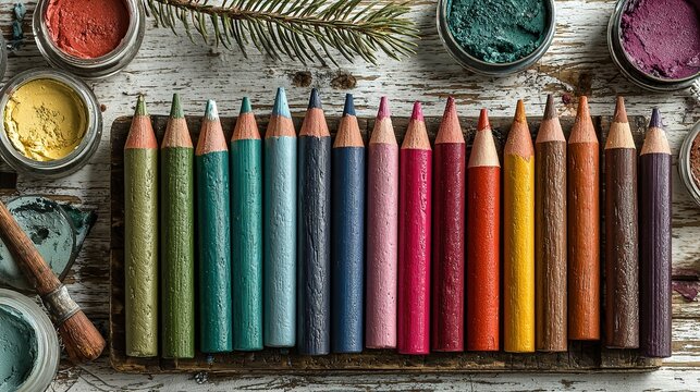 Colored pencils and paint pots arranged on a white wooden surface.