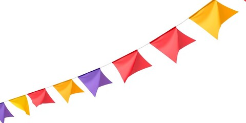 Vibrant triangular flags fluttering against a pure white backdrop,  isolated,  cheerful
