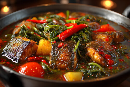 Pindang Ikan a sweet and sour fish stew from South Smatera is prepared in an auminum wok and includes fih bay leaves tomato pineaple and various spices