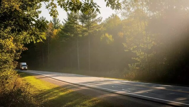 Semi Truck Transporting Goods on a Scenic Highway Through Autumnal Forest, Logistics and Delivery, Transportation Industry, Cargo Trucking