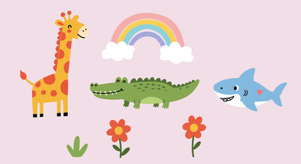 Obraz premium Cute Cartoon Animals with Rainbow on Pastel Background for Children Designs