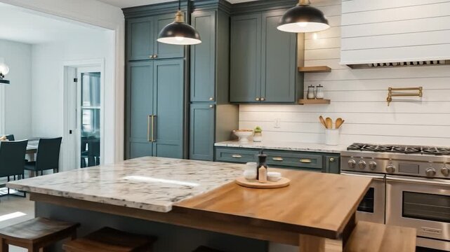 Stylish Modern Farmhouse Kitchen Interior with Green Cabinets, Stainless Steel Appliances, and Large Island