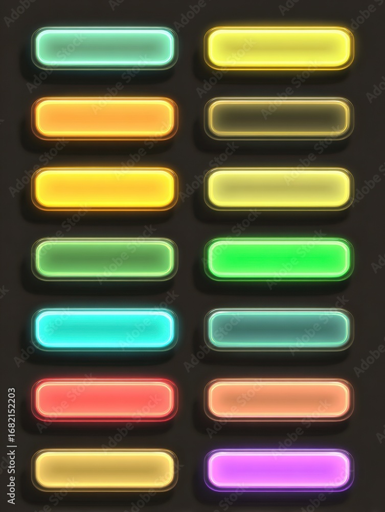 Poster a collection of vibrant neon buttons displays various colors and shapes, arranged neatly on a dark s