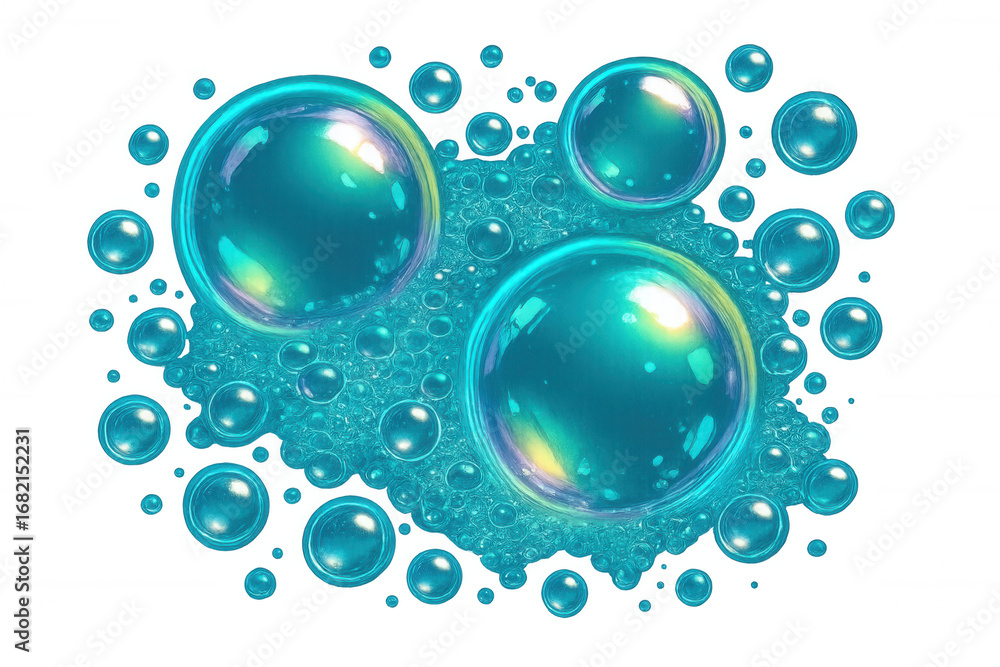 Poster soapy bubbles floating, generating delicate foam against transparent surface, representing cleanline