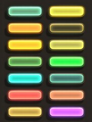 A collection of vibrant neon buttons displays various colors and shapes, arranged neatly on a dark surface, creating an eye-catching design.