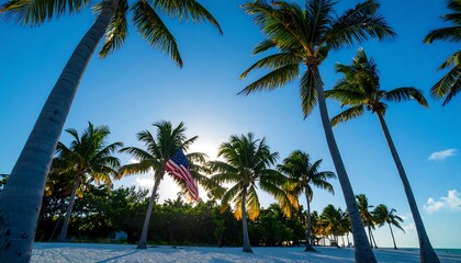 Palm trees, flag, beach, bright sun