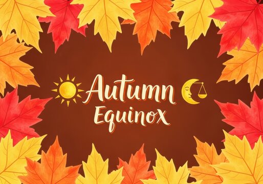 Autumn equinox greeting with colorful maple leaves and celestial symbols