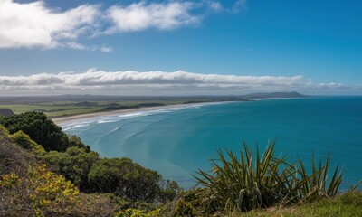Panoramic coastal view. Lush greenery meets turquoise ocean