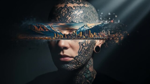 Surreal Vision: Tattooed Person's Mindscape of City and Mountains