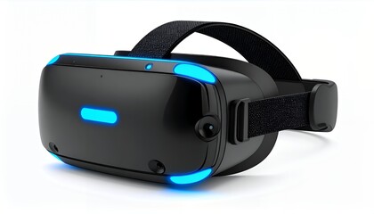 Fototapeta premium A sleek black virtual reality headset with glowing blue accents and a comfortable adjustable strap.