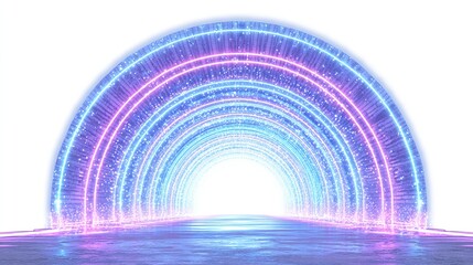 Neon arch tunnel with glowing rings and light particles