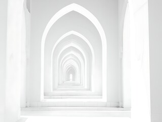 Fototapeta premium All white arches create an endless hallway revealing bright light within the building