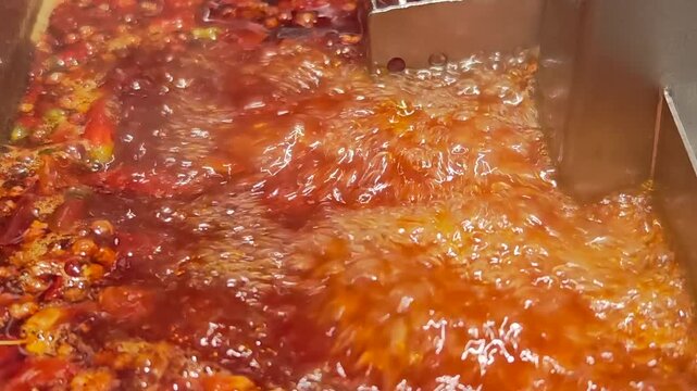 close-up boiling spicy hot pot soup