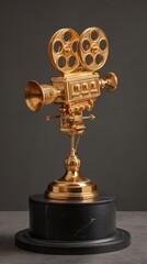 Obraz premium Celebrate cinematic excellence with this stunning golden vintage movie camera, perfect for awards season promotions and film industry events