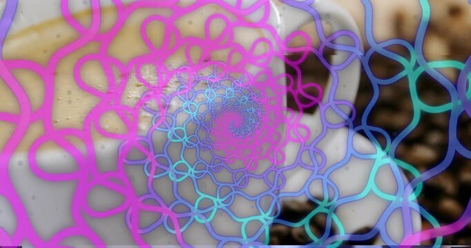 Fractal swirl fading in rotating around coffee cup as milk pouring showing latte foam art