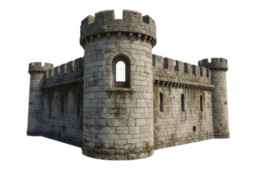 Stone castle tower, medieval fortress, green landscape background, game asset