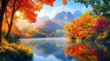 Serene autumn lake scene with vibrant trees in red, orange, and gold, mirroring in still water; mountains in background