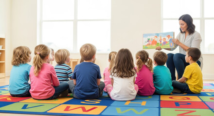Teacher Reads to Diverse Group of Young Children Sitting on Colorful Rug in Bright Classroom with Natural Light and Learning Atmosphere