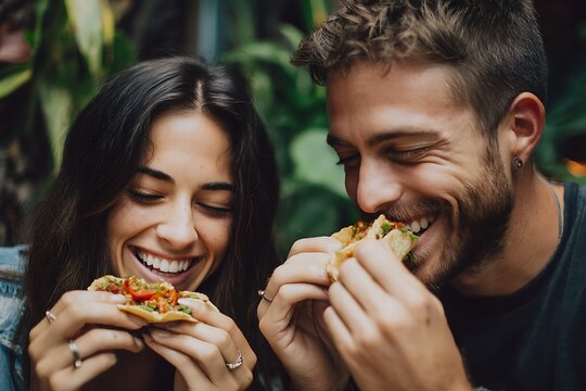 Happy Couple Enjoying Delicious Tacos Together Outdoors on Sunny Day