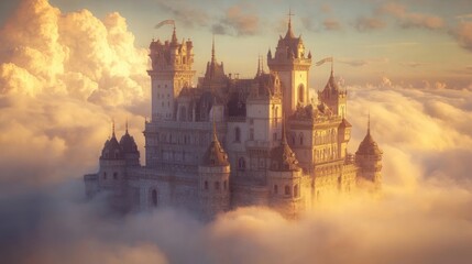 Fototapeta premium Majestic castle floats on clouds at sunset