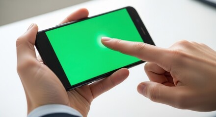 Hands holding a smartphone with a green screen, a finger touching the display.