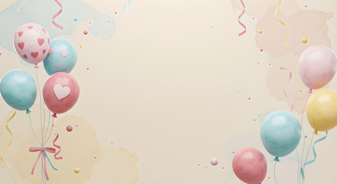 Pastel balloons with hearts, ribbons, and watercolor splashes on a soft background for celebrations.