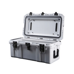 Durable white heavy-duty storage case with open lid and secure black latches isolated on black