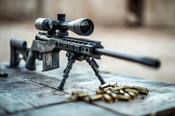 Obraz premium Tactical sniper rifle with scope and cartridges resting on wooden table, ready for action and precision shooting in military or law enforcement